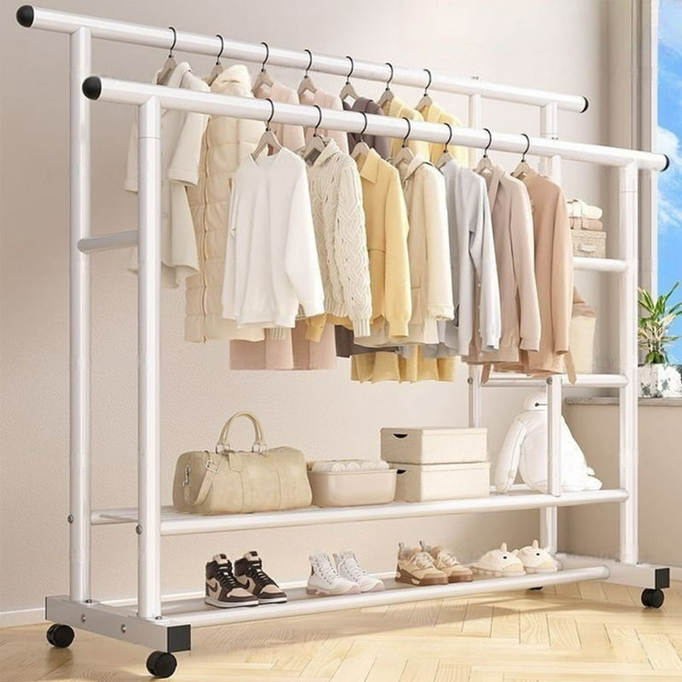 رگال لباس دوبل چرخ دار فلزی دو طبقه تحمل وزن ۱۰۰ کیلوگرم مدل JL-8738 | آویز لباس فروشگاهی و خانگی
