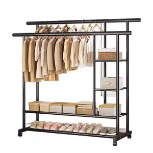 رگال لباس دوبل چرخ دار فلزی دو طبقه تحمل وزن ۱۰۰ کیلوگرم مدل JL-8738 | آویز لباس فروشگاهی و خانگی