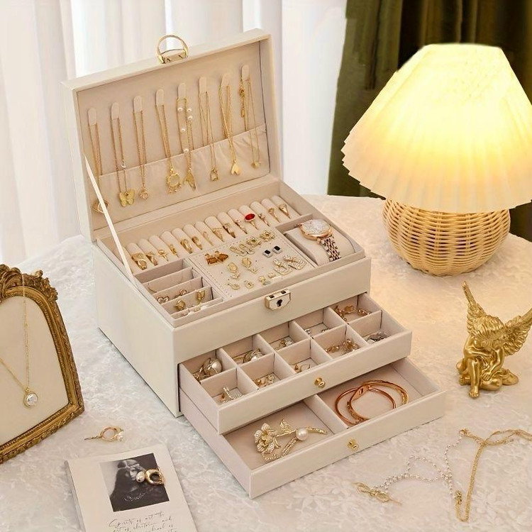 جعبه جواهرات سه طبقه چرم قفل و کلید دار مدل j47